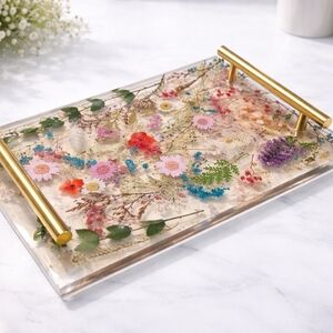 Epoxy Floral Pressed Flower Serving Tray with Gold Handles - Multicolor